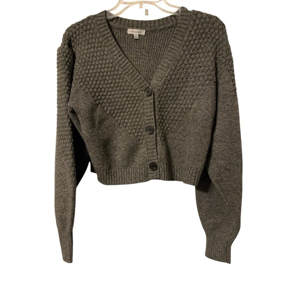 Sweater Cardigan Cropped Gray Textured Balloon Sleeve Button Front Size Small